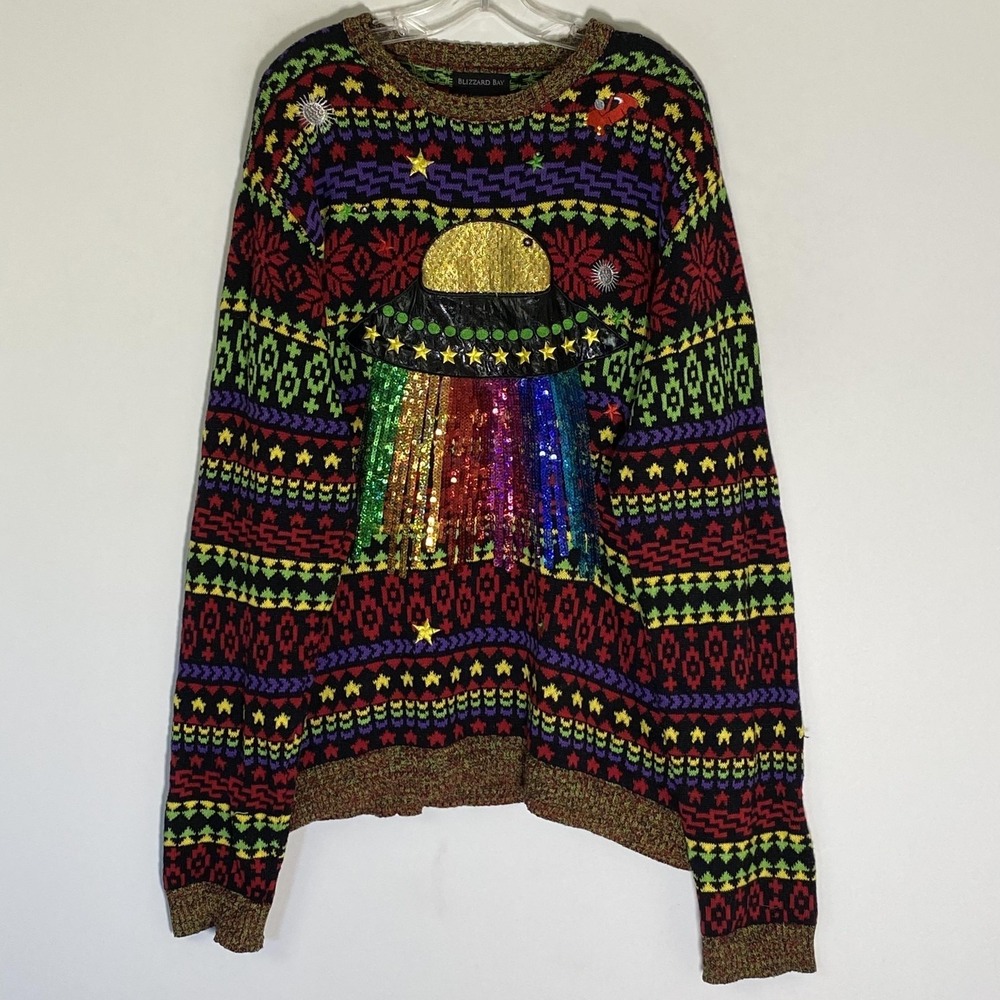 Blizzard Bay Sweater Mens XL‎ Multicolor Ugly Christmas UFO Light Up Sequined